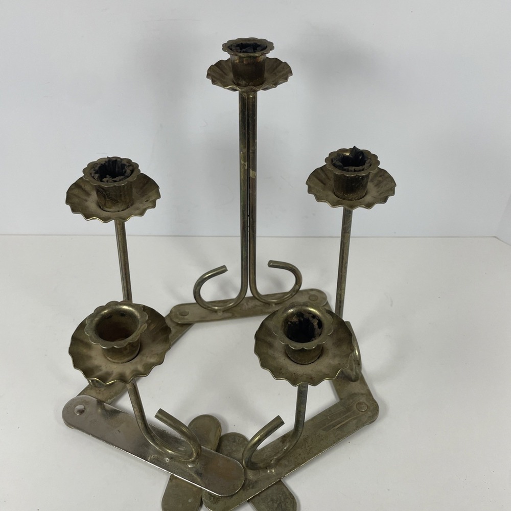 MCM Large 5 Candle Holder Candlestick Accordion Folding Style Gold Tone Metal - Picture 6 of 6